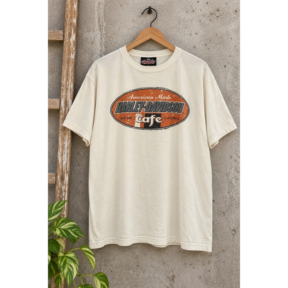 Harley-Davidson Cafe Las Vegas Graphic T-Shirt Cream Mens Large New Oval Logo
